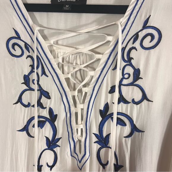 Lulus Down In Kokomo White And Blue Embroidered Lace Up Dress Size Medium - Picture 3 of 9